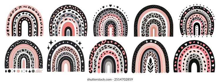 Abstract rainbows with different animal patterns and designs in pink colors on white background