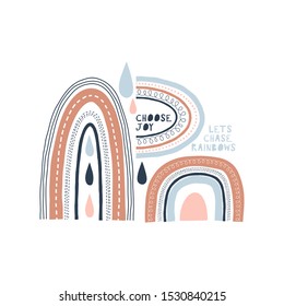 Abstract rainbows hand drawn vector illustration. Arches and droplets decorative paper cut simple composition with text. Childish drawing. Choose joy, let chase rainbows color handwritten lettering