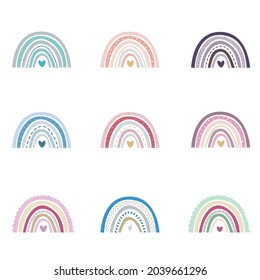 Abstract rainbows hand drawn vector illustration set. Arches decorative paper cut simple composition. Childish drawing. Gender neutral Scandinavian nursery graphics
