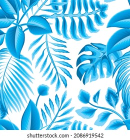 abstract rainforest seamless pattern with blue monochromatic color tropical leaves and plants on white background. Vector design. Jungle print. Floral background. Printing and textiles. Exotic tropics