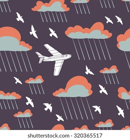 Abstract rainy sky seamless pattern with airplane, clouds and birds. Vector illustration