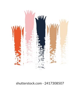 Abstract raised hands. Palette of compatible colors. Vector illustration made from brush strokes