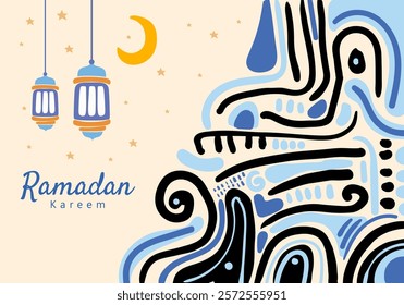 Abstract Ramadan greeting card design featuring colorful wavy patterns, traditional lanterns, crescent moon, and scattered stars. 