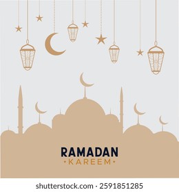 Abstract Ramadan Kareem background banner, poster, greeting card, cover design with mosque, crescent moon, stars and typography in flat geometric style. 3d style social media post design and other. 