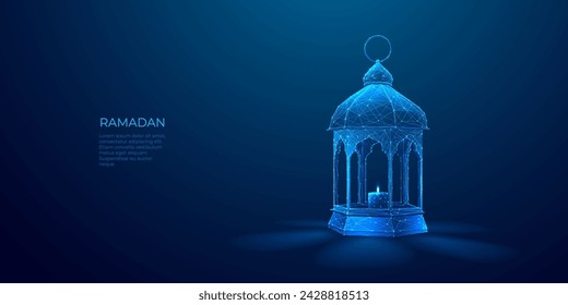 Linterna tradicional de Ramadán abstracto en estilo de tecnología futurista sobre fondo azul oscuro. Lámpara árabe azul con vela encendida en el interior. Feliz concepto de Eid Mubarak. Ramadan Kareem ilustración vectorial 