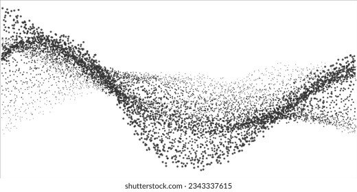 Abstract random black dot particles wavy flowing curve shape isolated on white background. Vector in concept technology, science, music, modern.