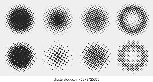 Abstract random black gradient halftone circle textures isolated on a white background. Geometric vector shape elements pattern for presentation design. Fit for corporate, business, or advertising