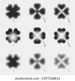 Abstract random black gradient halftone four leaf, shamrock textures isolated on a white background. Geometric vector shape elements pattern for presentation design. Fit for poster, collage, or advert