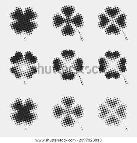 Abstract random black gradient halftone four leaf, shamrock textures isolated on a white background. Geometric vector shape elements pattern for presentation design. Fit for poster, collage, or advert