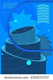 Abstract random blue colored shapes template for cover design. Retro geometric theme poster banner. Vintage geometrical graphic minimal background.