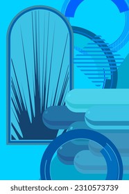 Abstract random blue colored shapes template for cover design. Retro geometric theme poster banner. Vintage geometrical graphic minimal background.