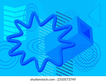 Abstract random blue colored shapes template for cover design. Retro geometric theme poster banner. Vintage geometrical graphic minimal background.