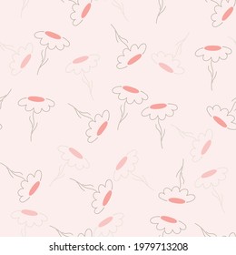 Abstract random botanic seamless pattern with field chamomile flowers elements. Pink background. Perfect for fabric design, textile print, wrapping, cover. Vector illustration.