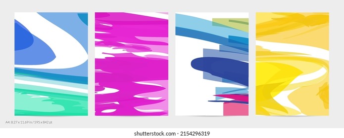 Abstract random bright multicolored strips and waves. Shapes create artistic watercolor pain texture. Universal flyer template. Bold brush strokes with color splatters over white.