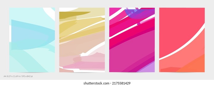 Abstract random bright multicolored strips and waves. Shapes create artistic watercolor pain texture. Universal flyer template. Bold brush strokes with color splatters over white.