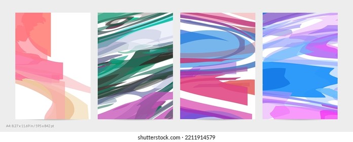 Abstract random bright multicolored strips and waves. Shapes create artistic watercolor pain texture. Universal flyer template. Bold brush strokes with color splatters over white.