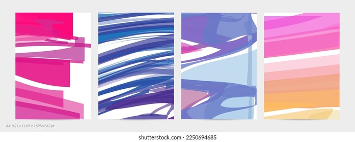 Abstract random bright multicolored strips and waves. Shapes create artistic watercolor pain texture. Universal flyer template. Bold brush strokes with color splatters over white.