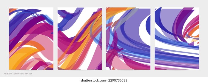 Abstract random bright multicolored strips and waves. Shapes create artistic watercolor pain texture. Universal flyer template. Bold brush strokes with color splatters over white.