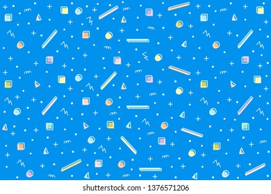 Abstract random colorful geometric shapes seamless pattern. Contour shapes with sour cream fill in random order, complemented by lines, dots and squares. Vector texture, eps 8 background