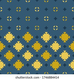 Abstract Random Decorative Ornament Shape Seamless Pattern Background Wallpaper. Combination colors of dark blue, and gold yellow. Pattern for Textile, fabric, paper, print, interior, decor and more.