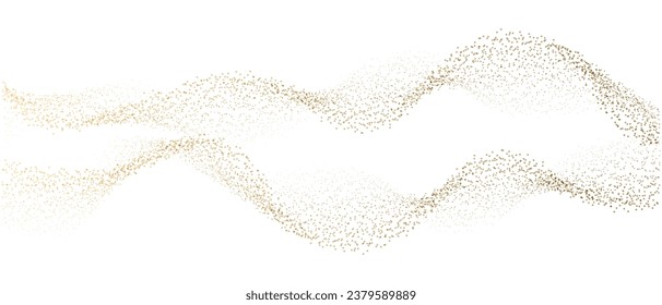 Abstract random dot particles wavy flowing by gold gradient curve shape isolated on transparent background. Vector in concept luxury, technology, science, music, modern.