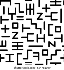 Abstract random geometric shapes of the lines seamless pattern in black and white. Retro  style.