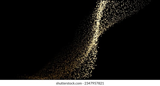 Abstract random gold gradient light dot particles wavy flowing curve shape isolated on black background. Vector in concept luxury, technology, science, music, modern.