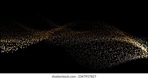 Abstract random gold gradient light dot particles wavy flowing curve shape isolated on black background. Vector in concept luxury, technology, science, music, modern.