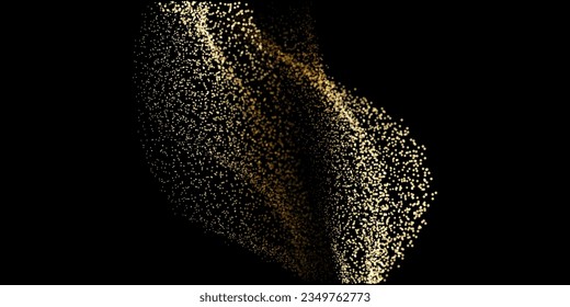 Abstract random gold gradient light dot particles wavy flowing curve shape isolated on black background. Vector in concept luxury, technology, science, music, modern.