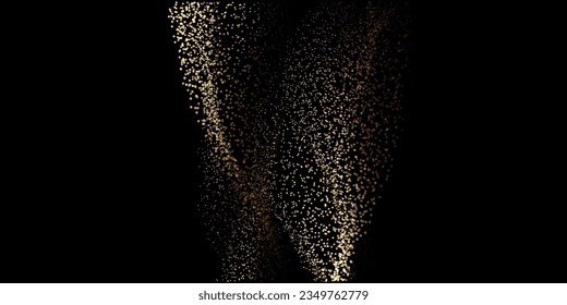 Abstract random gold gradient light dot particles wavy flowing curve shape isolated on black background. Vector in concept luxury, technology, science, music, modern.