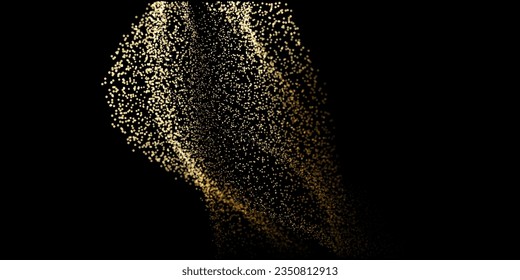 Abstract random gold gradient light dot particles wavy flowing curve shape isolated on black background. Vector in concept luxury, technology, science, music, modern.