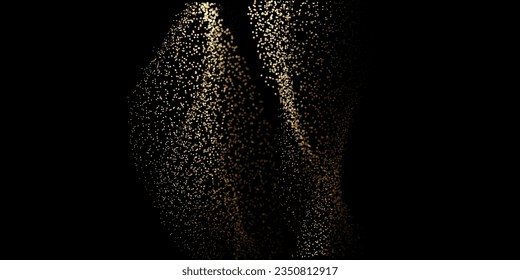 Abstract random gold gradient light dot particles wavy flowing curve shape isolated on black background. Vector in concept luxury, technology, science, music, modern.