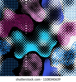 Abstract random grunge pattern of curved multicolor spots and intersections. Vector halftone image. Seamless pattern.