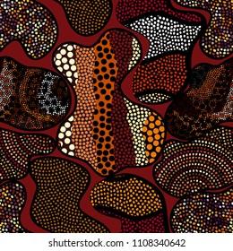 Abstract random grunge pattern of curved multicolor spots and intersections. Brown tribal background. Vector halftone image. Seamless pattern.