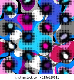 Abstract random grunge pattern of curved multicolor spots and intersections. Vector halftone image. Seamless pattern.