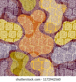 Abstract random grunge pattern of curved shapes. Brown tribal background. Vector image. Seamless pattern.