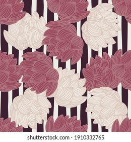 Abstract random hand drawn seamless pattern with light and pink colored lotus shapes. Striped background. Decorative backdrop for fabric design, textile print, wrapping, cover. Vector illustration