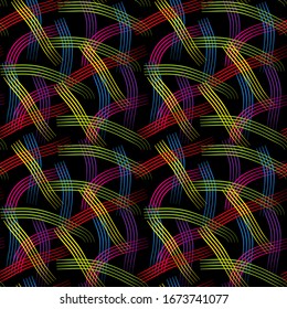 Abstract random multi- colored lines on a black background, seamless pattern, texture for design, vector