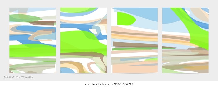 Abstract random multicolored strips. Wavy shapes create artistic watercolor pain texture. Pastel background with organic natural earthy colors. Universal flyer template.