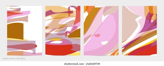 Abstract random multicolored strips. Wavy shapes create artistic watercolor pain texture. Pastel background with organic natural earthy colors. Universal flyer template.