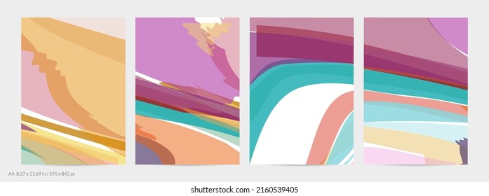 Abstract random multicolored strips. Wavy shapes create artistic watercolor pain texture. Pastel background with organic natural earthy colors. Universal flyer template.