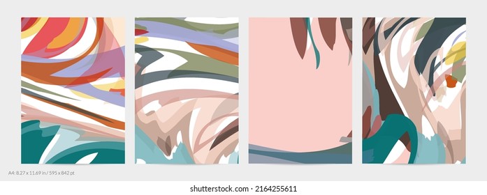 Abstract random multicolored strips. Wavy shapes create artistic watercolor pain texture. Pastel background with organic natural earthy colors. Universal flyer template.