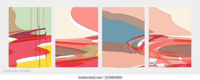 Abstract random multicolored strips. Wavy shapes create artistic watercolor pain texture. Pastel background with organic natural earthy colors. Universal flyer template.