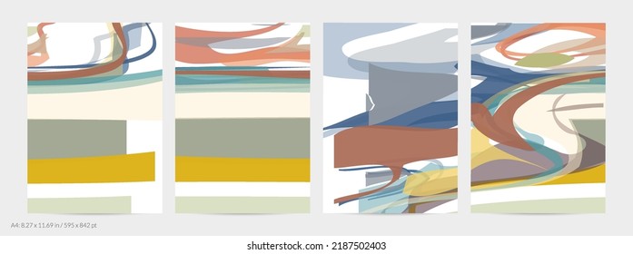 Abstract random multicolored strips. Wavy shapes create artistic watercolor pain texture. Pastel background with organic natural earthy colors. Universal flyer template.