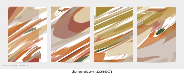 Abstract random multicolored strips. Wavy shapes create artistic watercolor pain texture. Pastel background with organic natural earthy colors. Universal flyer template.
