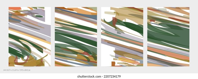 Abstract random multicolored strips. Wavy shapes create artistic watercolor pain texture. Pastel background with organic natural earthy colors. Universal flyer template.