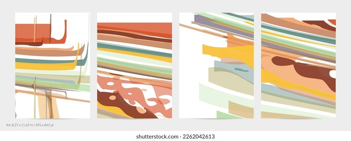Abstract random multicolored strips. Wavy shapes create artistic watercolor pain texture. Pastel background with organic natural earthy colors. Universal flyer template.