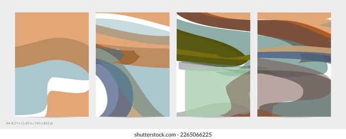 Abstract random multicolored strips. Wavy shapes create artistic watercolor pain texture. Pastel background with organic natural earthy colors. Universal flyer template.