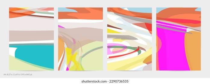 Abstrakte zufällige, mehrfarbige Streifen. Wavy Formen erzeugen künstlerische Aquarellfarben-Schmerzstruktur. Pastellfarbener Hintergrund mit natürlichen Erdfarben aus biologischem Anbau. Universalflyer-Vorlage.