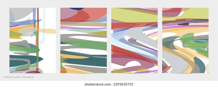 Abstract random multicolored strips. Wavy shapes create artistic watercolor pain texture. Pastel background with organic natural earthy colors. Universal flyer template.